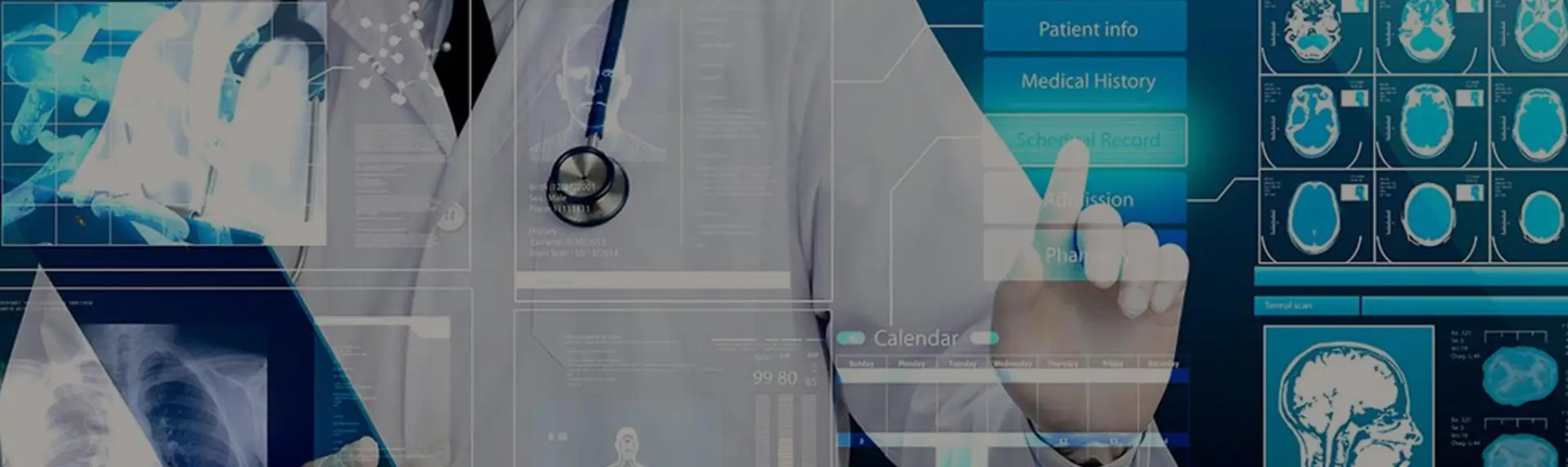 A person with a stethoscope in front of a screen.