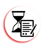 A red and white sign with an hourglass and pen