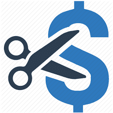 A blue dollar sign with scissors and a pair of scissors.